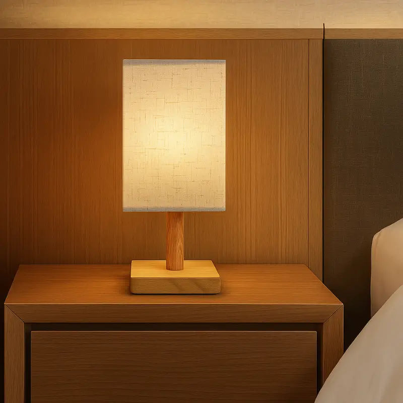 Luminária de Mesa para Quarto em Linho e Madeira Quadrada