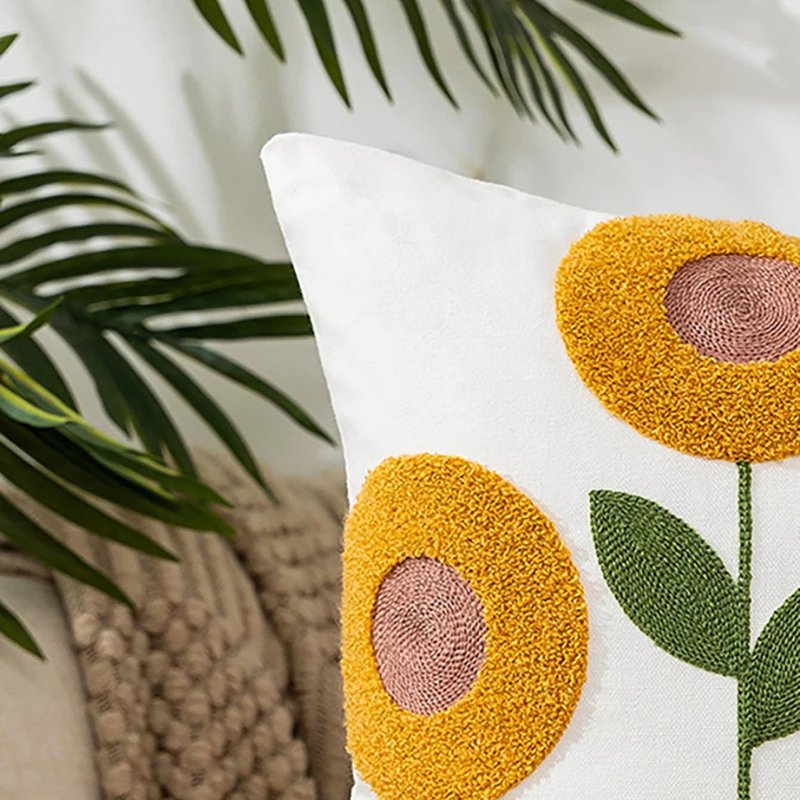 4 Capas de Almofada Girassol com Bordado em Alto-Relevo