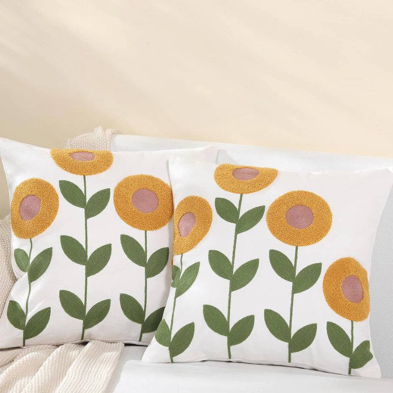 4 Capas de Almofada Girassol com Bordado em Alto-Relevo