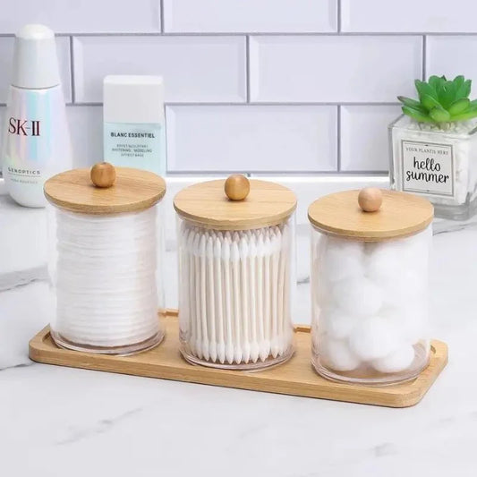 Conjunto Porta Cotonete e Algodão Acrílico e Bandeja em Bambu