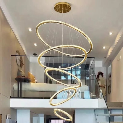 Lustre Pendente 5 Anéis LED Dourado 96W Bivolt